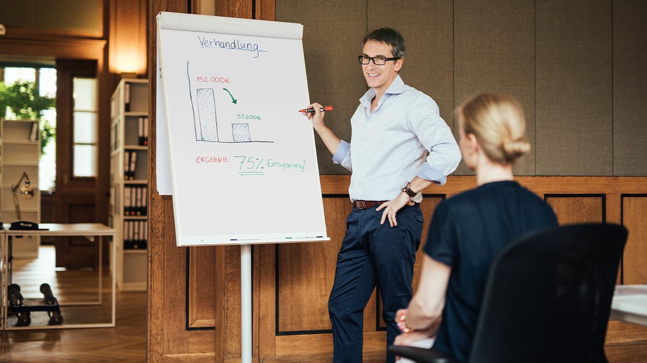 Experte erklärt AdvoNeo Ergebnis an Flipchart